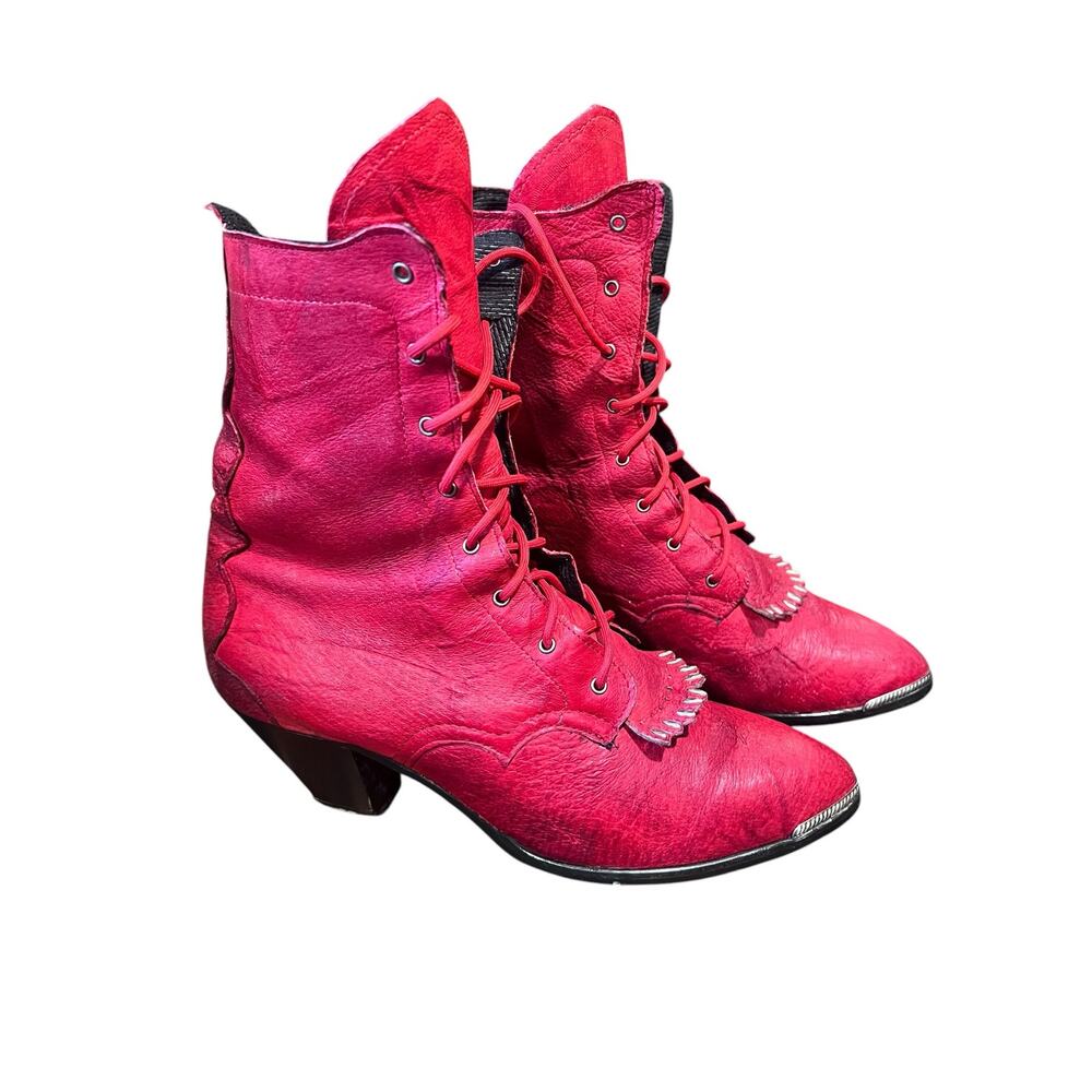 Vintage Witchy Red Leather Lace-Up Kiltie Roper Boots – Western Cowgirl Style 8 - Picture 2 of 12